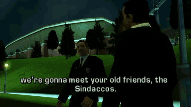 a video game scene with a man saying " we 're gonna meet your old friends "