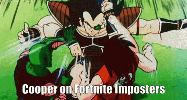 a cartoon of a man fighting another man with the words cooper on fortnite imposters on the bottom