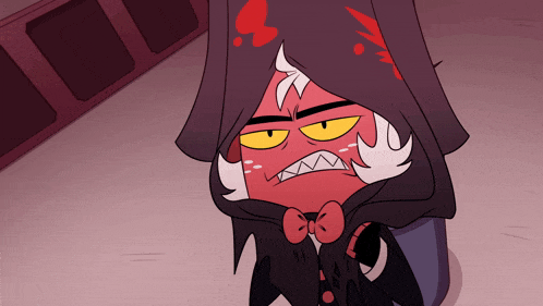 a cartoon character with a hood and a bow tie has blood on his face