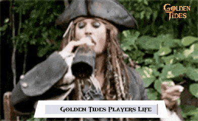 a man in a pirate costume is drinking from a bottle with the words golden tides players life above him