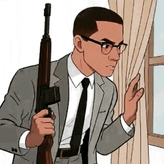a man in a suit and tie is holding a gun and looking out the window .