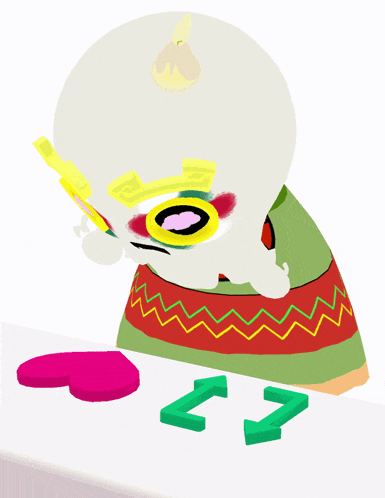 a cartoon character is looking through a magnifying glass at a pink heart and a green arrow