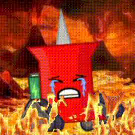 a cartoon character is crying in the middle of a fire pit .
