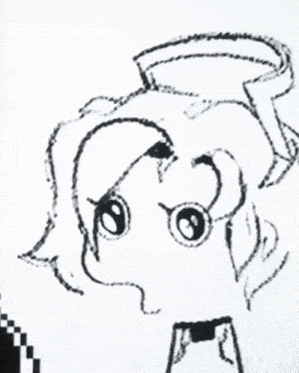 a black and white drawing of a cartoon character with a surprised face