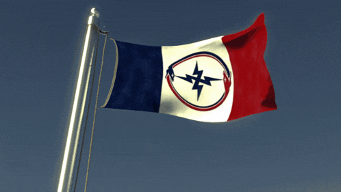 a blue white and red flag with a lightning bolt in the center