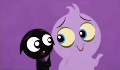 a black cartoon character is standing next to a purple cartoon character on a purple background .