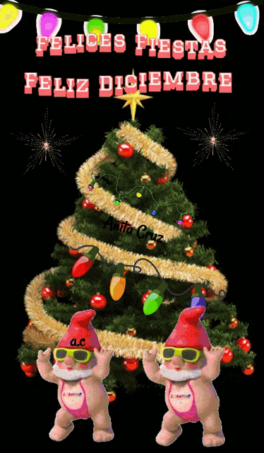 two gnomes are dancing in front of a christmas tree and the words felices fiestas feliz diciembre