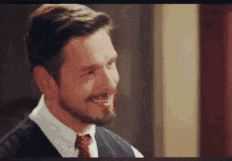 a man with a beard is smiling and wearing a suit and tie