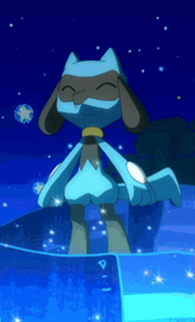 a cartoon character is standing in front of a blue background with stars