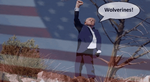 a cartoon of donald trump with a speech bubble that says wolverines on it