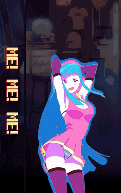 a girl with blue hair is dancing in a room with the words mei mei mei