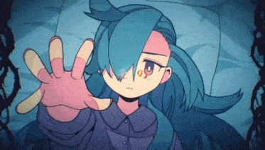 a cartoon of a girl with blue hair reaching out towards the camera