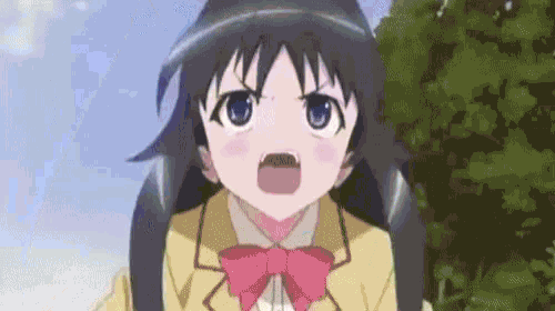 the girl is wearing a yellow jacket and a pink bow tie and has a very angry expression on her face .