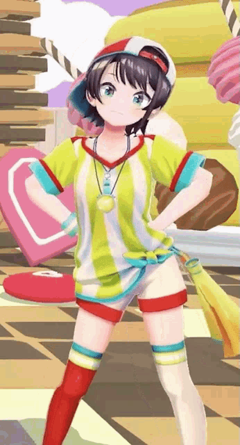 a girl in a yellow and white striped shirt is standing on a tiled floor