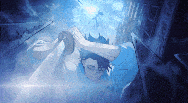 a man is holding a sword in front of a blue background