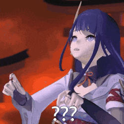 a girl with purple hair and blue eyes is holding a knife and has a question mark above her head .