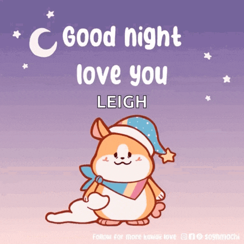 a cartoon of a dog with the words good night love you leigh on it
