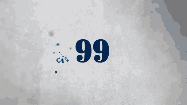 the number 99 is surrounded by blue bubbles on a white surface