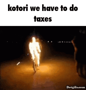 a gif of a person riding a bike in the dark with the words kotori we have to do taxes .