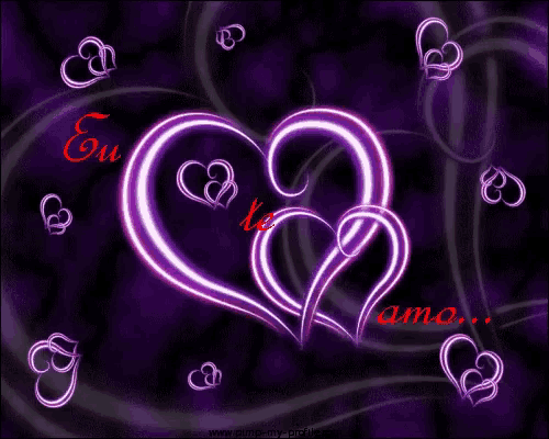 a purple background with two hearts and the words eu amo