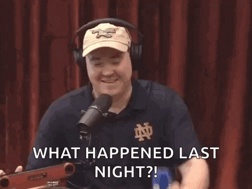 a man wearing headphones is drinking from a can and asking what happened last night ..