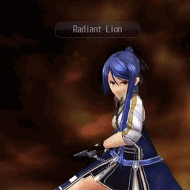 a girl with blue hair holding a sword in a video game