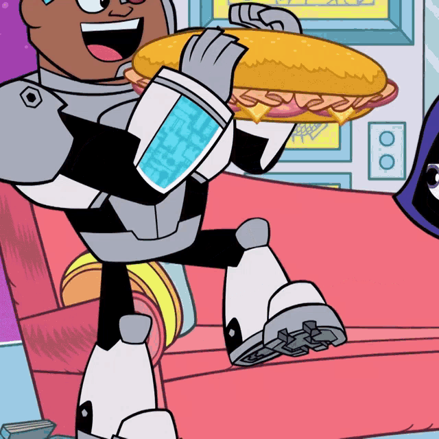 a cartoon character is holding a hot dog with a bun on top