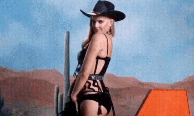 a woman in a bikini and cowboy hat stands in front of a cactus