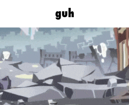 a cartoon drawing of a city destroyed by an earthquake with the word guh in the corner .