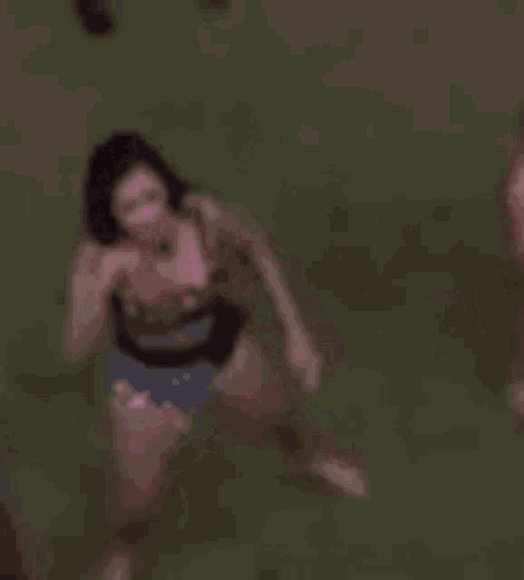 a blurry picture of a group of people dancing on a grassy field .