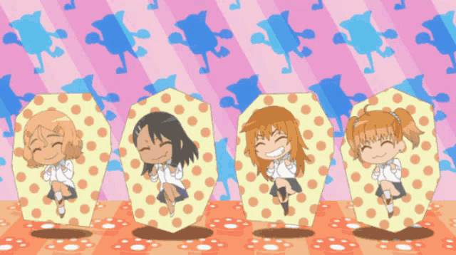 a group of girls are standing in circles with polka dots
