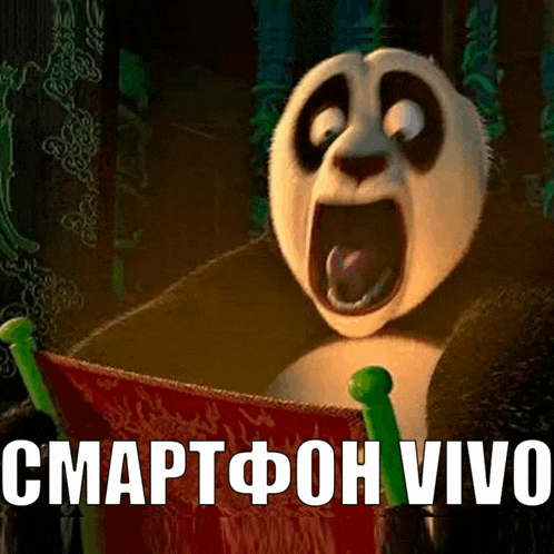 a panda bear with its mouth open is holding a red banner that says smartphone vivo .