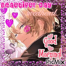 a picture of a boy with flamingos and hearts and the words beautiful day sweetheart good morning