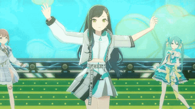 three anime girls are dancing on a stage and one of them has a belt that says " miku " on it