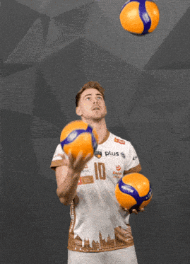 a man wearing a shirt with the number 10 is juggling two balls