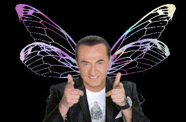 a man with butterfly wings on his head is pointing