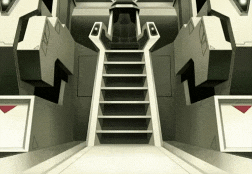 a staircase in a room with a red triangle on it