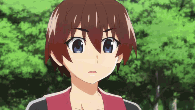 a cartoon character with brown hair and blue eyes looks at the camera
