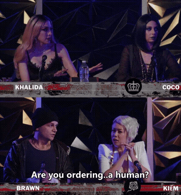 khalida brawn and coco are sitting in front of microphones while a man says are you ordering a human