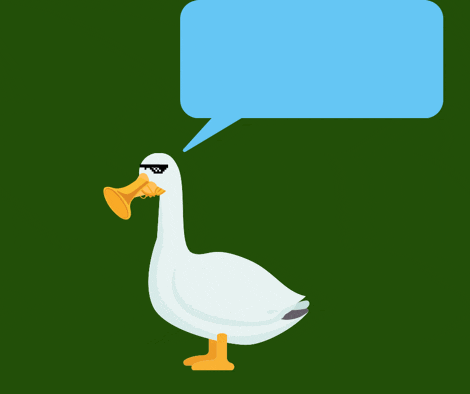 a white duck wearing sunglasses and a trumpet with a speech bubble above it