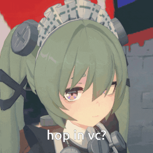 a girl with green hair is wearing a maid 's headband and the words hop in vc on the bottom