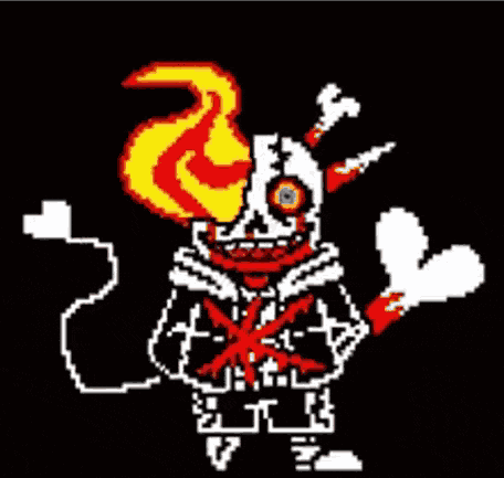 a pixel art of a clown with a fireball in his head and a skull and crossbones .