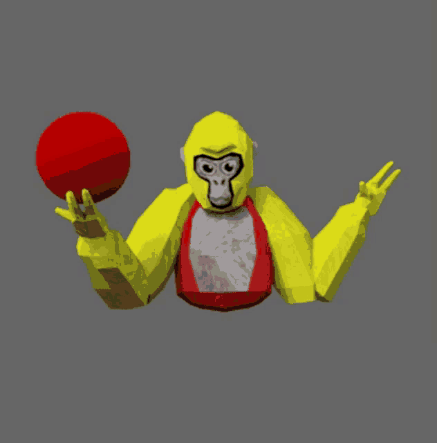 a yellow gorilla is holding a red ball and the word baller is above it