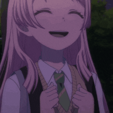 a girl with pink hair and a green tie is smiling