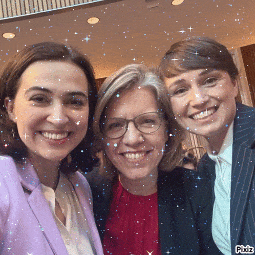 three women are posing for a picture with pixiz written on the bottom