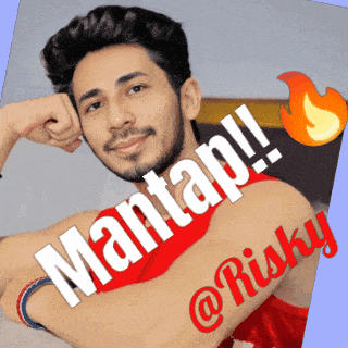 a man in a red shirt with the words " mantap !! @risky " on it