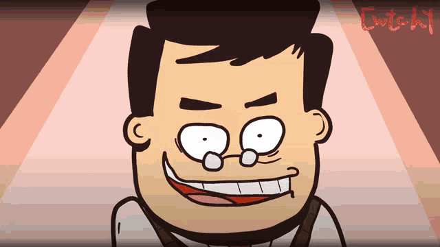 a cartoon drawing of a man with glasses and the word catch written on the bottom