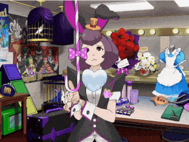 a girl in a bunny costume is holding a sword in a room with a sign that says digital paradise