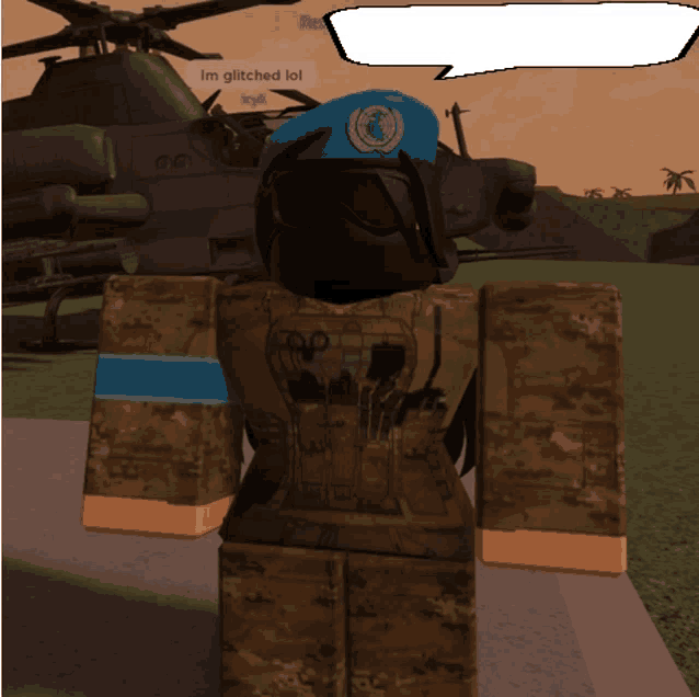 a person in a military uniform is standing in front of a helicopter with a speech bubble that says im glitched lol