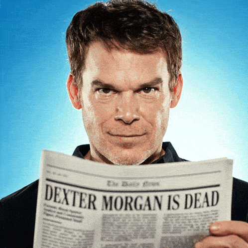 a man is reading a newspaper with the headline dexter morgan is dead